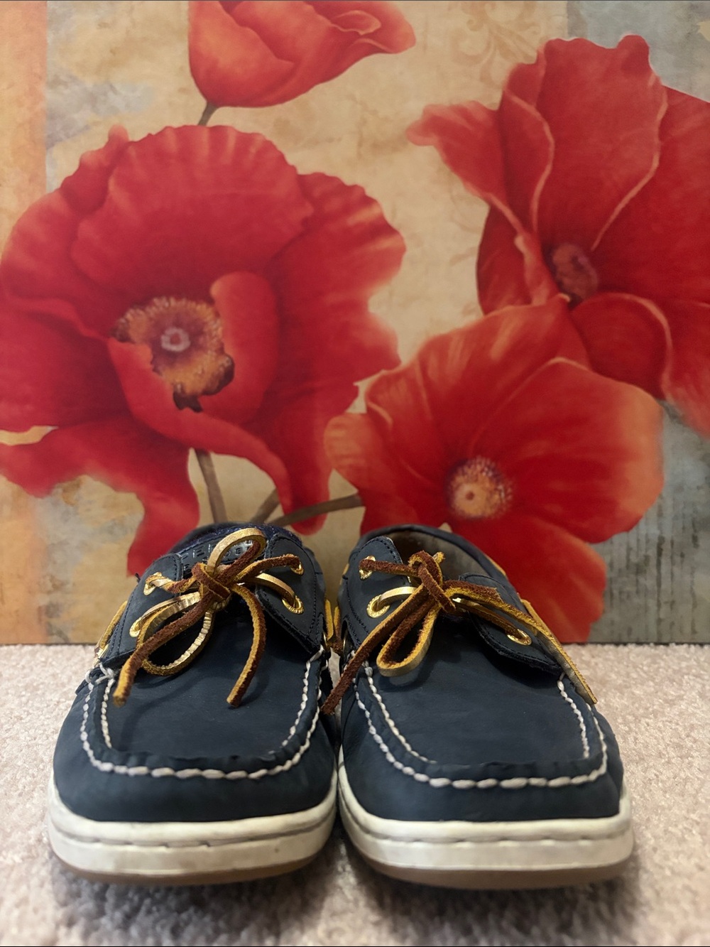Sperry Navy Blue Leather Boat Shoes with Brown Laces